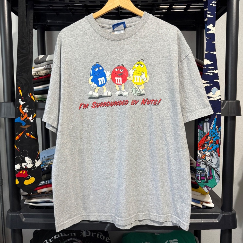 M&Ms Brand T-Shirt Surrounded By Nuts Graphic XL Gray Y2K Candy Tee